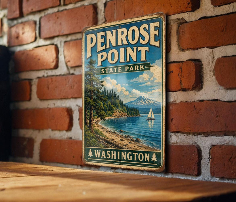 A vintage metal sign for Penrose Point State Park in Washington, featuring a scenic landscape with a mountain, trees, and a sailboat on the water.
