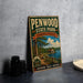 A vintage-style metal sign for Penwood State Park in Connecticut, featuring a scenic illustration of a lake and forest.
