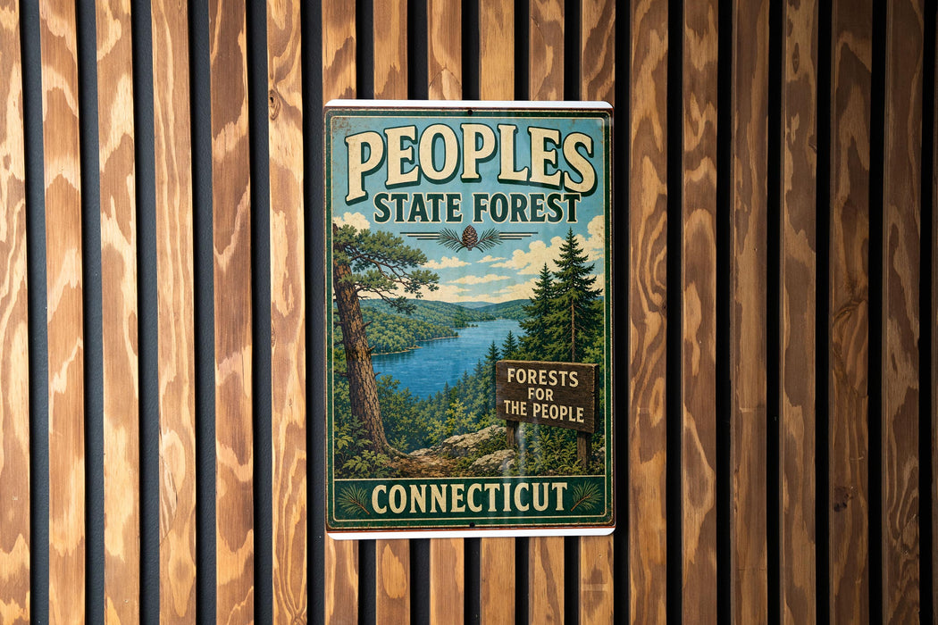 A vintage-style metal sign for the Peoples State Forest in Connecticut, featuring a scenic landscape with pine trees, a lake, and mountains.