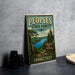 A vintage-style metal sign for the state forest in Connecticut, featuring a scenic landscape with pine trees, a lake, and mountains.