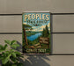 A vintage-style sign for the People's State Forest in Connecticut, featuring a scenic landscape with pine trees, a lake, and mountains.