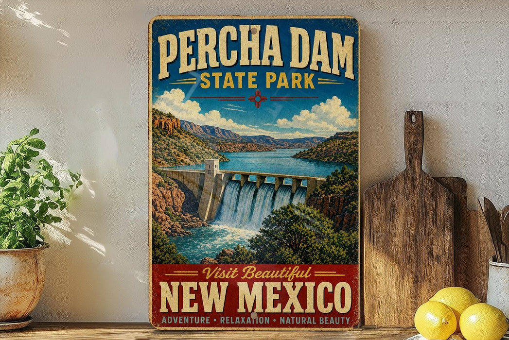 A vintage-style poster advertising Percha Dam State Park in New Mexico, featuring a scenic waterfall and mountains.