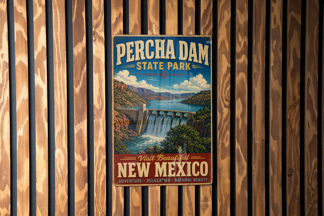 A vintage-style poster for Percha Dam State Park in New Mexico, featuring a scenic waterfall and mountains in the background.