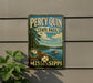 A vintage-style metal sign for Perry Quinn State Park in Mississippi, featuring a scenic landscape with a lake, trees, and a boat.