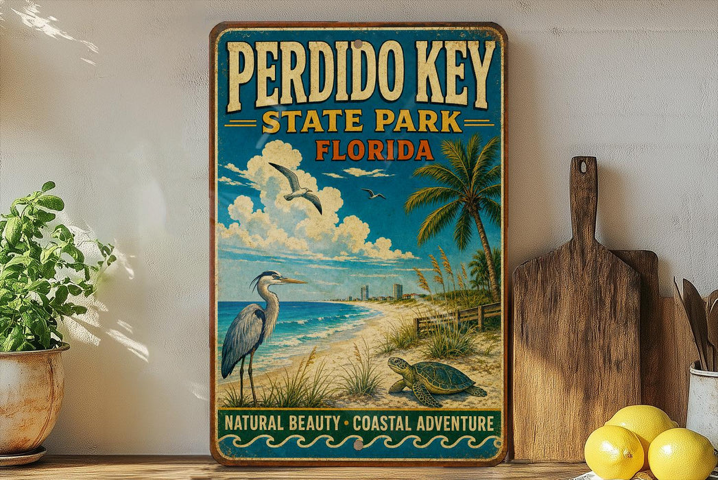 A vintage-style poster of Perdido Key, Florida, featuring a beach scene with a heron, palm trees, and a turtle, along with the text "PERDIDO KEY STATE PARK FLORIDA" and "NATURAL BEAUTY - COASTAL ADVENTURE".