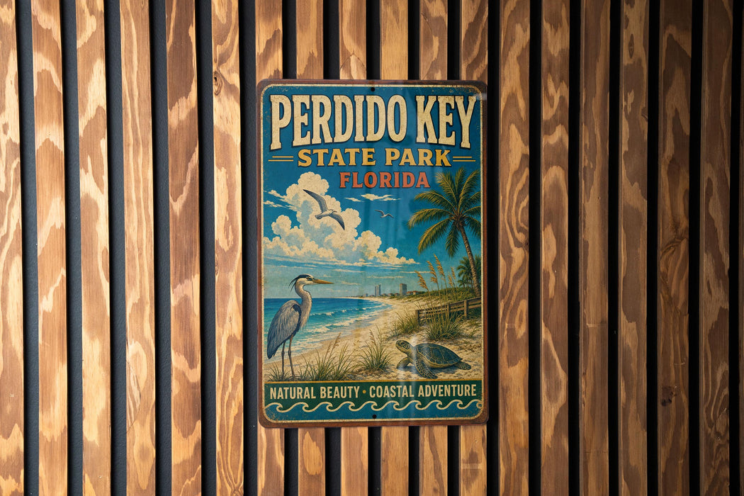 A vintage-style metal sign for Perdido Key State Park, Florida, featuring a seagull, palm tree, and ocean waves, mounted on a wooden fence.