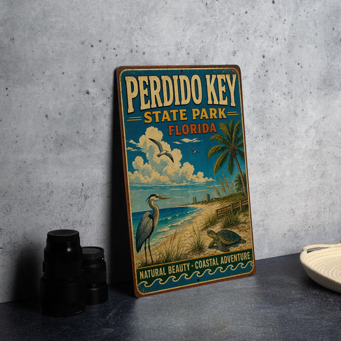 A vintage-style metal sign for Perdido Key State Park, Florida, featuring a beach scene with a crane, palm trees, and a bird.