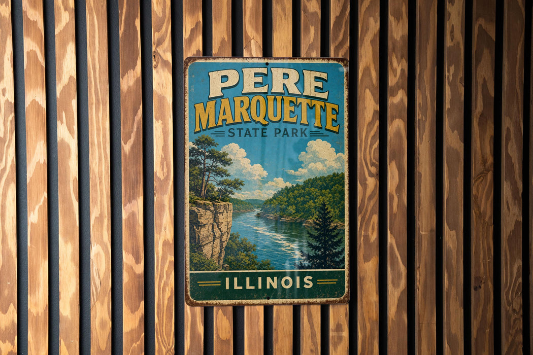 A vintage metal sign for the state park of Illinois, featuring a scenic landscape with a river and mountains.
