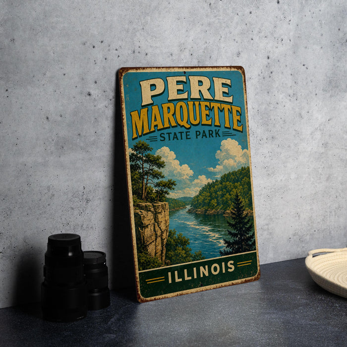 A vintage-style metal sign for Pire Marquette State Park in Illinois, featuring a scenic landscape with a river, mountains, and trees.