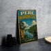 A vintage-style metal sign for Pire Marquette State Park in Illinois, featuring a scenic landscape with a river, mountains, and trees.
