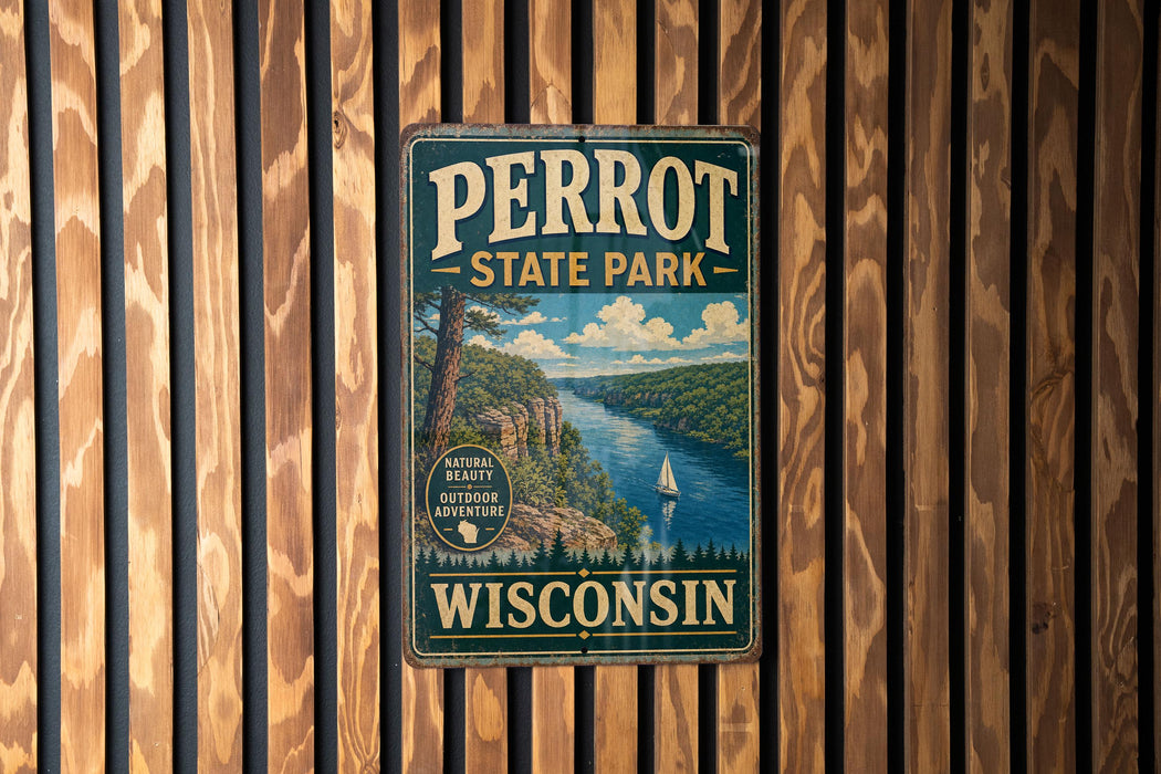 A vintage metal sign for Perrot State Park in Wisconsin, featuring a scenic landscape with a river, mountains, and a sailboat.