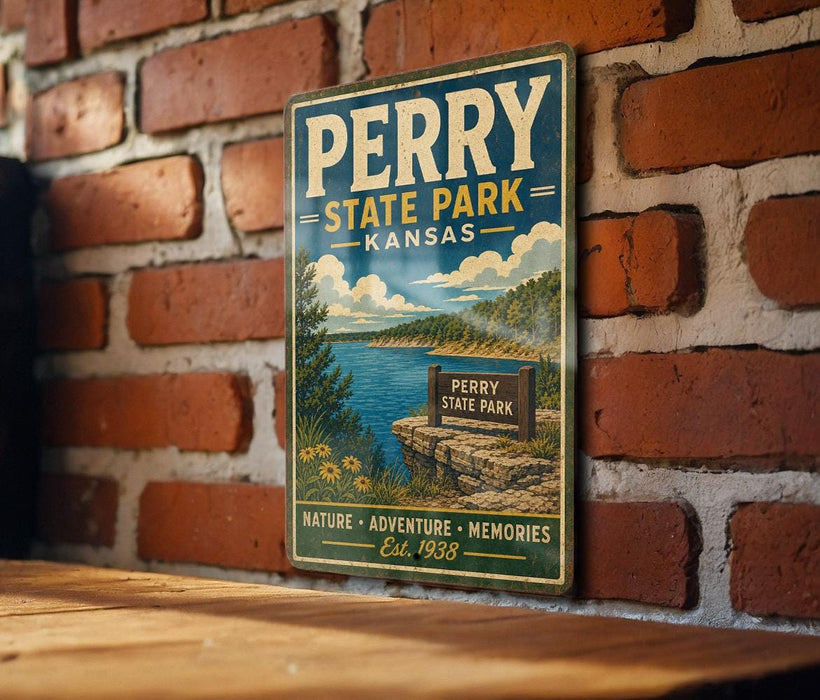 A vintage-style metal sign for Perry State Park in Kansas, featuring a scenic landscape with a lake and mountains.