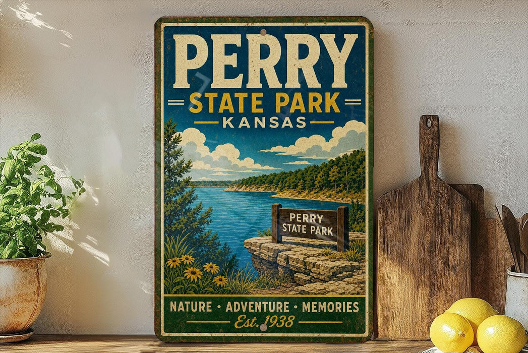A vintage-style metal sign for Perry State Park in Kansas, featuring a scenic landscape with a lake, mountains, and a wooden signpost.