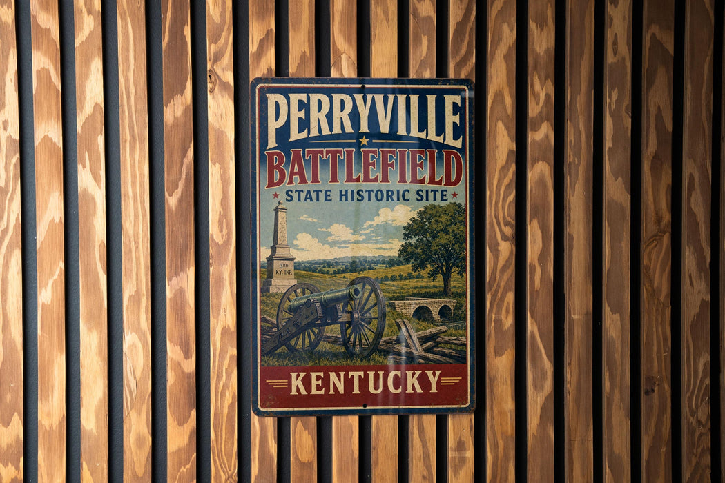 A vintage-style metal sign for Perryville Battlefield, a state historic site in Kentucky, mounted on a wooden fence.
