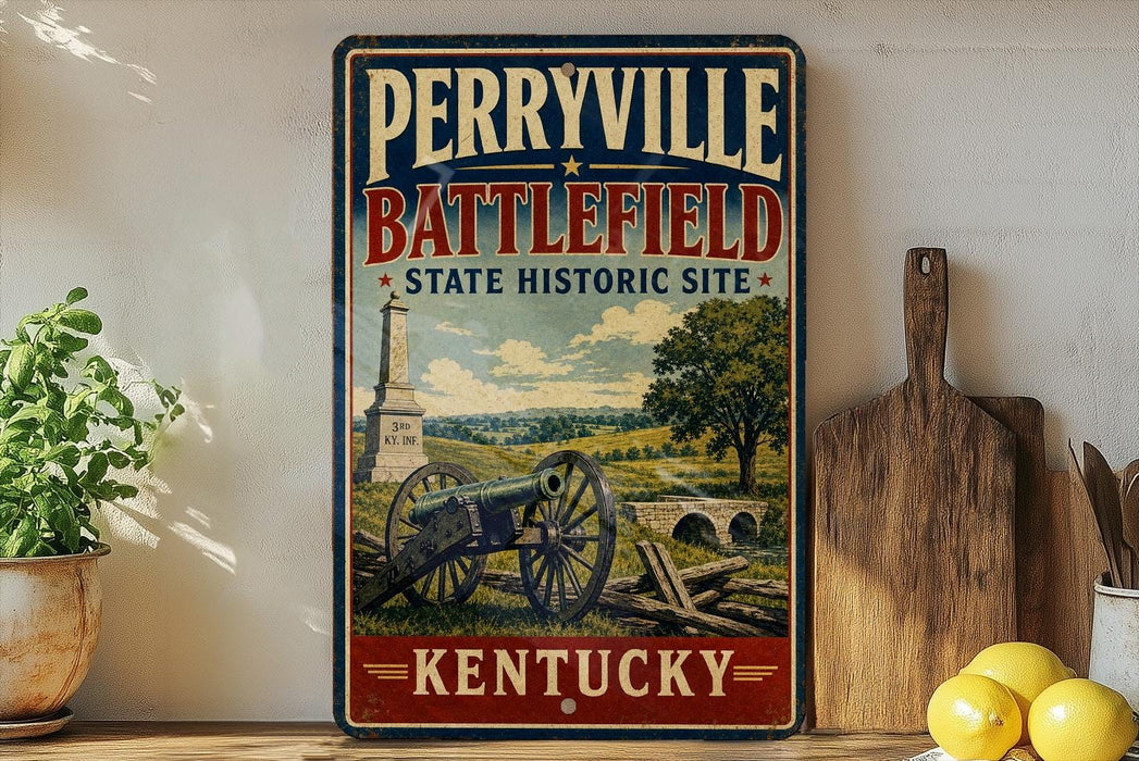 A vintage-style metal sign for Perryville Battlefield, a State Historic Site in Kentucky, featuring an illustration of a cannon and a landscape with a bridge.