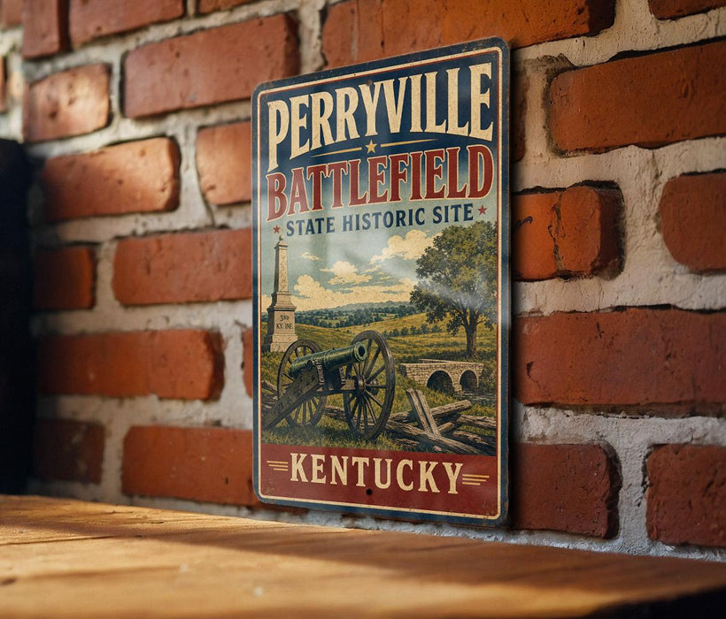 A vintage-style metal sign for Perryville Battlefield, a state historic site in Kentucky, is displayed on a brick wall.