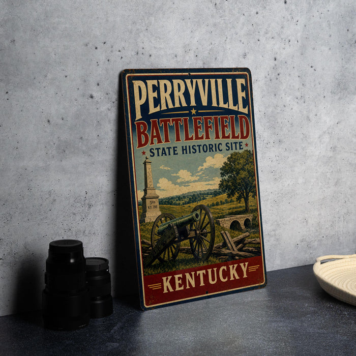 A vintage metal sign for Perryville Battlefield, a state historic site in Kentucky, featuring an illustration of a cannon and a landscape with a monument.