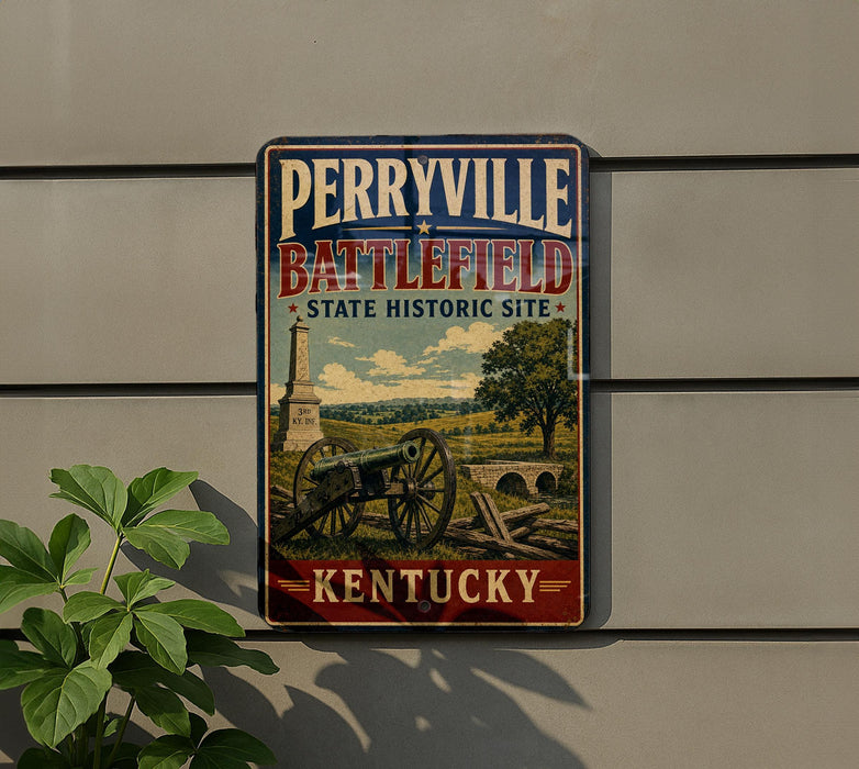 A vintage-style metal sign for Perryville Battlefield, a state historic site in Kentucky, featuring a cannon and a landscape scene.