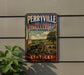 A vintage-style metal sign for Perryville Battlefield, a state historic site in Kentucky, featuring a cannon and a landscape scene.