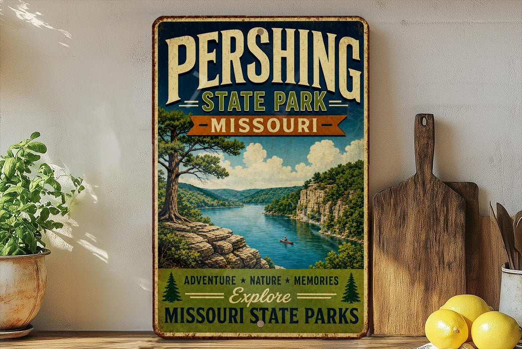 A vintage-style metal sign for Pershing State Park in Missouri, featuring a scenic landscape with a river, mountains, and a person in a canoe.