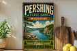 A vintage-style metal sign for Pershing State Park in Missouri, featuring a scenic landscape with a river, mountains, and a person in a canoe.