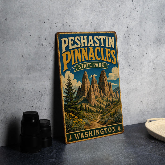 A vintage-style sign for Peshtin Pinnacles State Park in Washington, featuring a scenic mountain landscape.