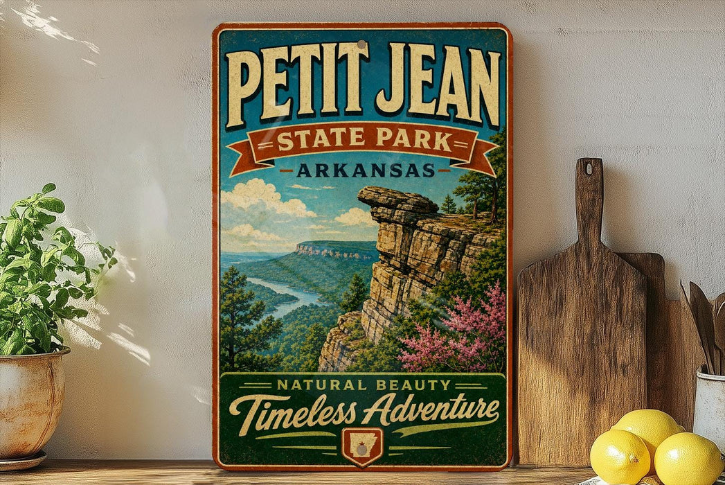 A vintage-style sign for Petit Jean State Park in Arkansas, featuring a scenic landscape with a cliff and a river.