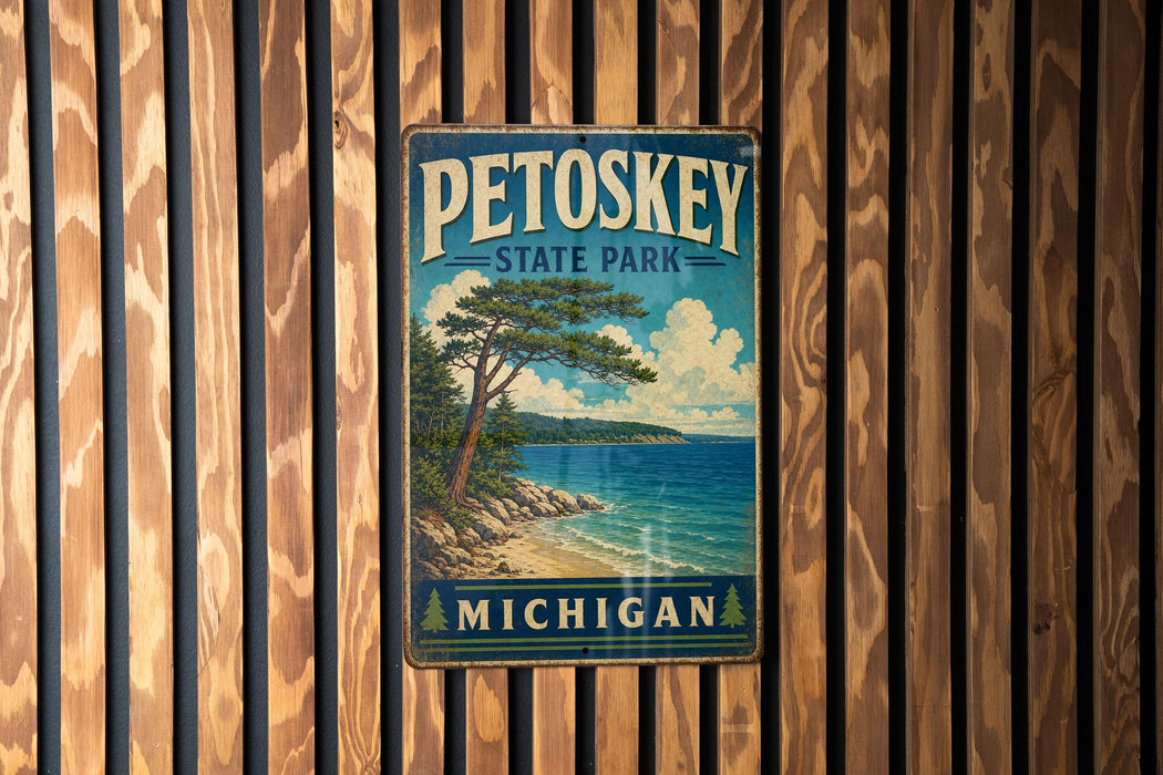 A vintage metal sign for Petoskey State Park in Michigan, featuring a scenic landscape with a pine tree, a lake, and mountains in the background.