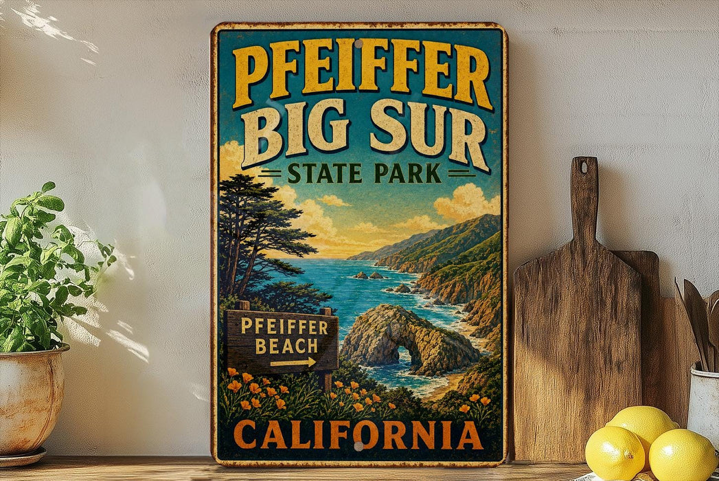 A vintage-style sign for Pfeiffer Big Sur State Park, featuring a scenic coastal landscape with mountains, water, and a beach sign.