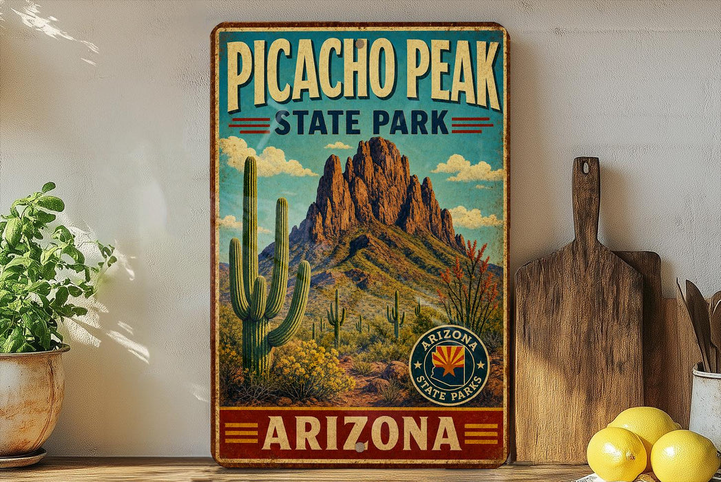 A vintage-style sign for Picacho Peak State Park in Arizona, featuring a desert landscape with mountains and cacti.