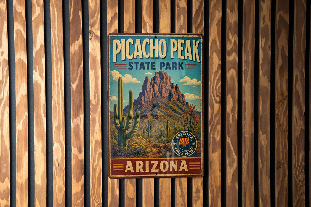 A vintage-style metal sign for Picacho Peak State Park in Arizona, featuring a mountain landscape and desert vegetation.