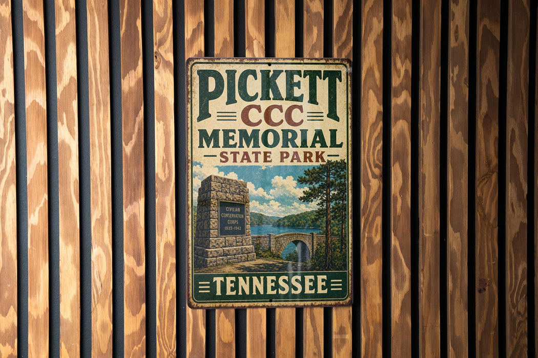 A vintage metal sign for Pickett Memorial State Park in Tennessee, featuring a scenic illustration of the park's memorial and surrounding landscape.