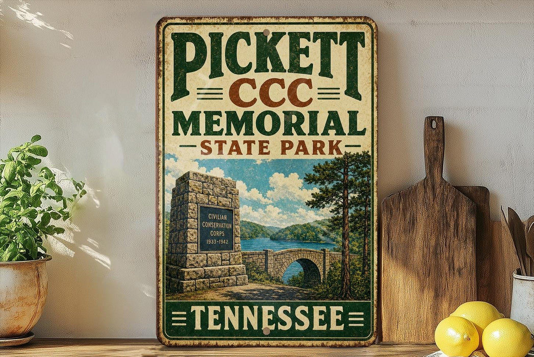 A vintage-style sign for PickettCC Memorial State Park in Tennessee, featuring a scenic illustration of the park and a bridge.