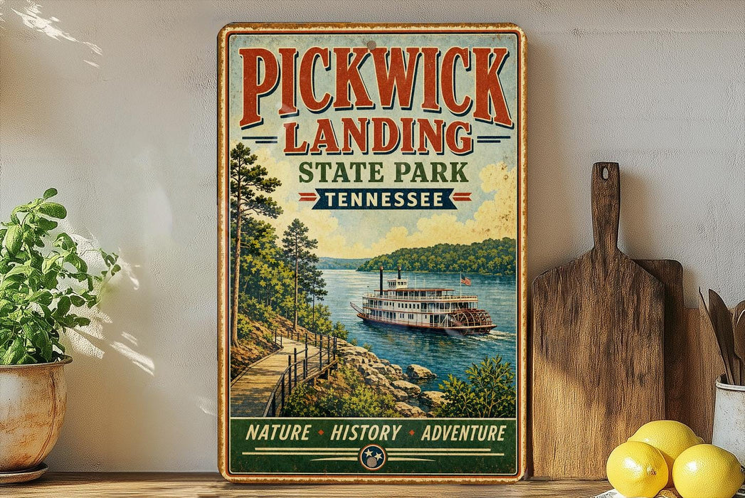 A vintage-style sign for Pickwick Landing State Park in Tennessee, featuring a scenic illustration of a riverboat on a wooden dock surrounded by lush greenery.