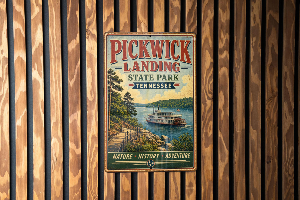 A vintage-style metal sign for Pickwick Landing State Park in Tennessee, featuring a scenic illustration of a riverboat on a wooden bridge surrounded by trees.