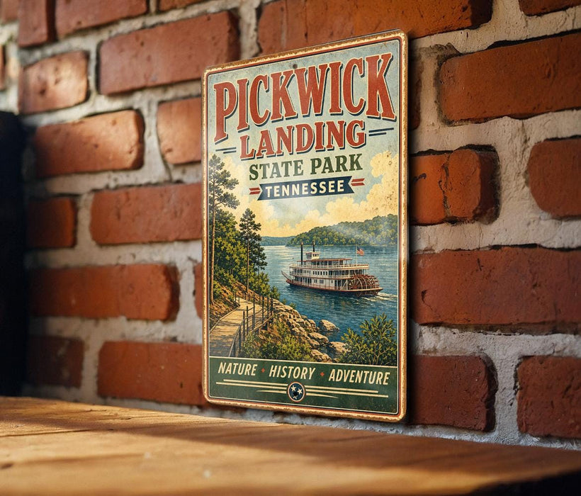 A vintage-style sign for Pickwick Landing State Park in Tennessee, featuring a scenic illustration of a riverboat on a rocky shore.