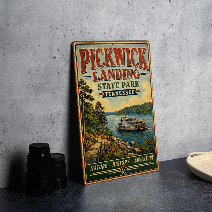 A vintage-style sign for Pickwick Landing State Park in Tennessee, featuring a scenic illustration of a riverboat and a path along the water.
