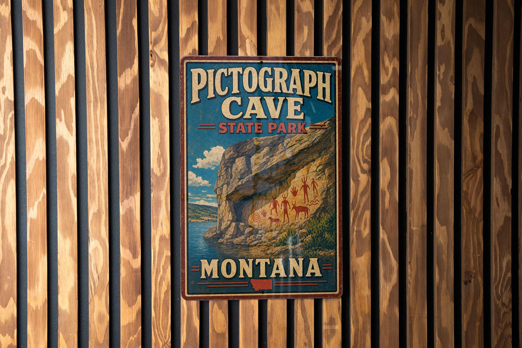 A vintage metal sign for Pictograph Cave State Park in Montana, featuring an illustration of a cave with rock art.