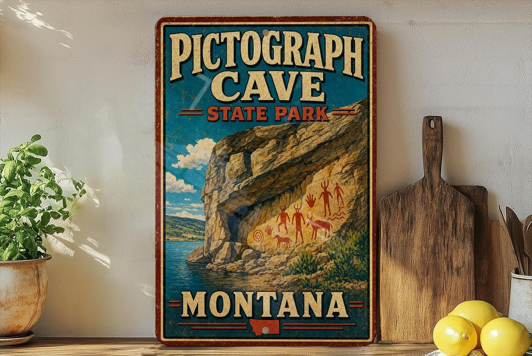 A vintage-style sign for Pictograph Cave, a State Park in Montana, featuring an illustration of the cave and its surroundings.