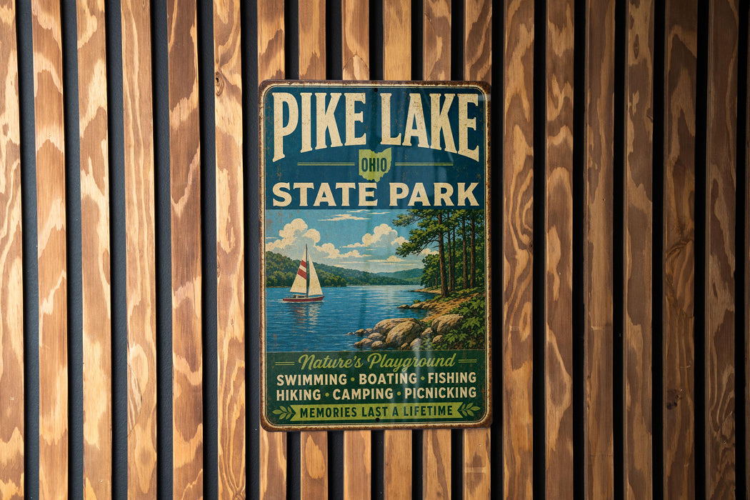 A vintage-style metal sign for Pike Lake State Park, featuring a scenic image of a lake with a sailboat, surrounded by trees and mountains.