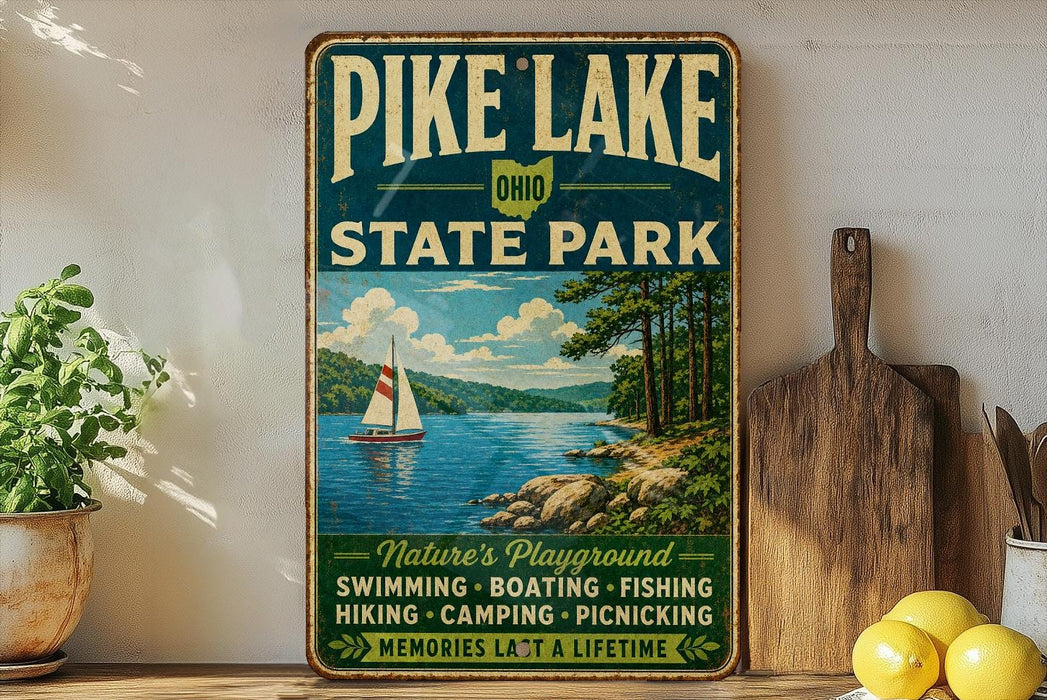 A vintage-style sign for Pike Lake State Park in Ohio, featuring a scenic illustration of a lake with a sailboat, surrounded by nature and outdoor activities.