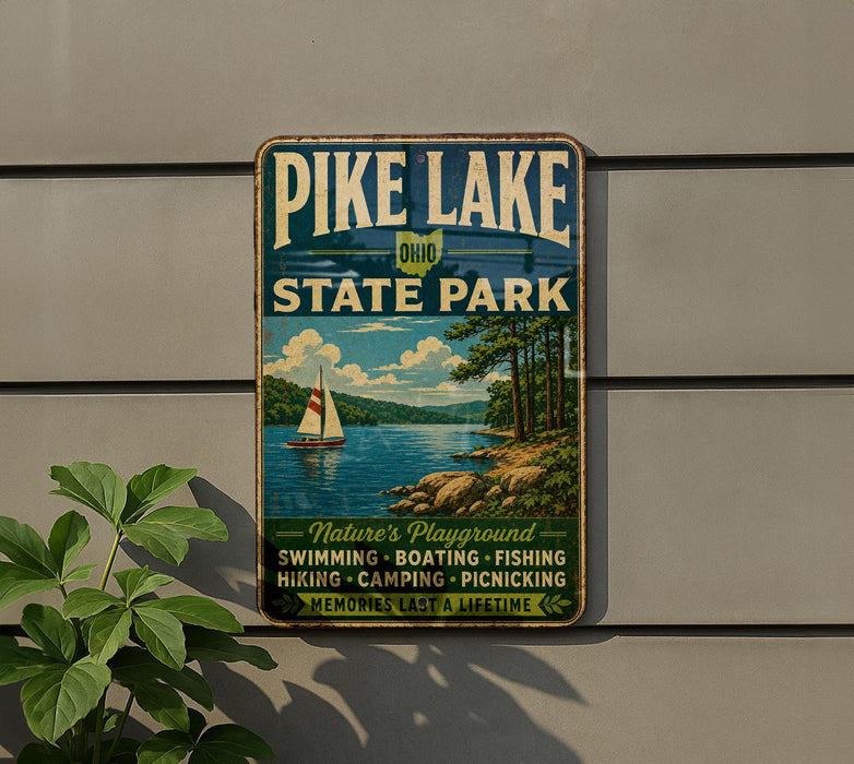 A vintage-style metal sign for Pike Lake State Park, featuring a sailboat on a lake and a scenic landscape.