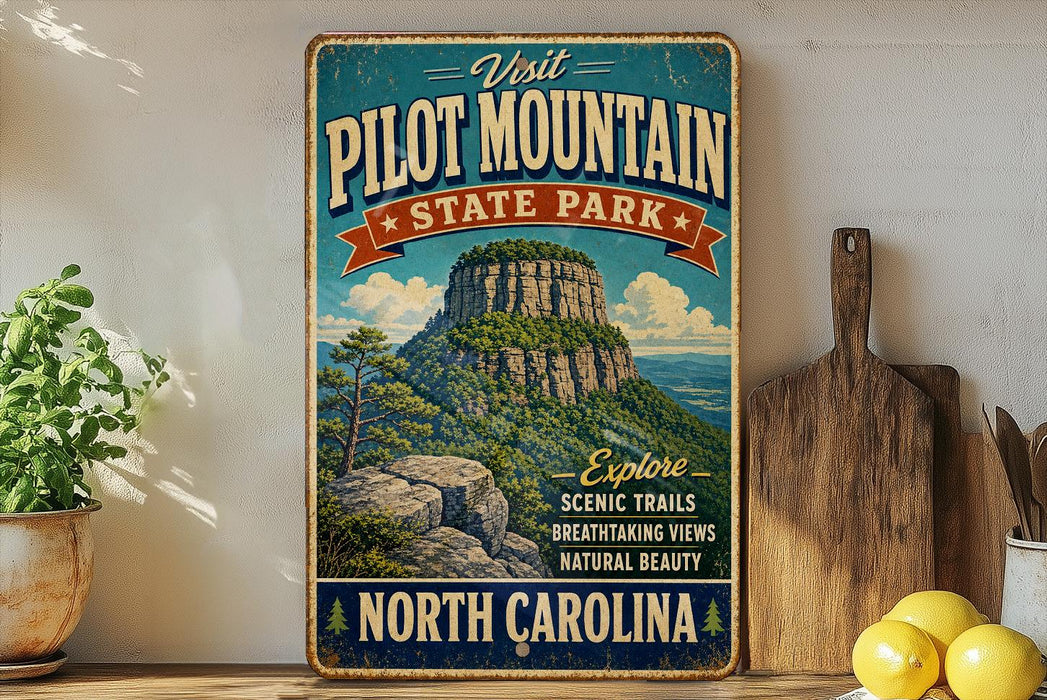 a vintage-style sign for Pilot Mountain State Park in North Carolina, with a mountain landscape and text promoting the park's scenic trails, breathtaking views, and natural beauty.