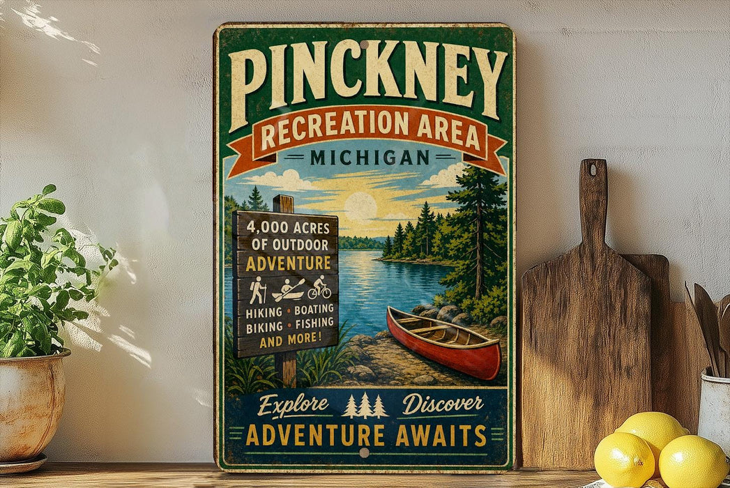 A vintage-style sign for the Pinckney Recreation Area in Michigan, featuring a scenic image of a lake, pine trees, and a canoe.