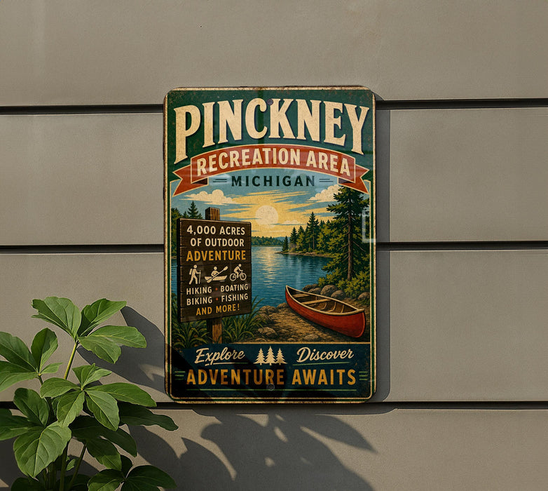 A vintage metal sign for the Pinckney Recreation Area in Michigan, featuring a scenic image of a lake, pine trees, and a canoe.