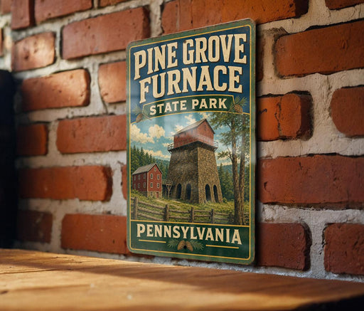 A vintage-style sign for Pine Grove Furnace State Park in Pennsylvania, featuring a brick wall and a wooden table in the foreground.