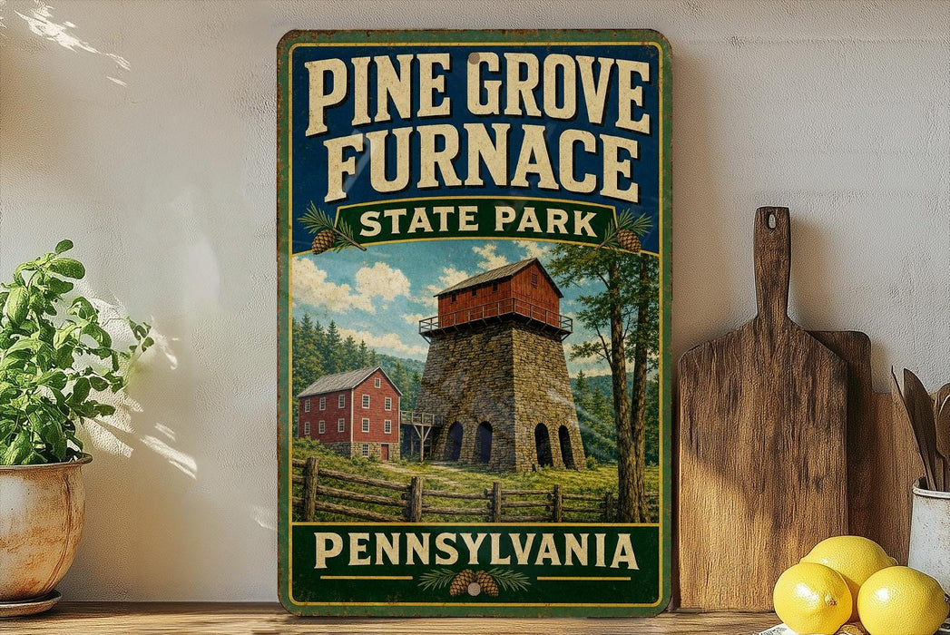 A vintage-style sign for Pine Grove Furnace State Park in Pennsylvania, featuring a red brick building and a stone tower surrounded by trees.