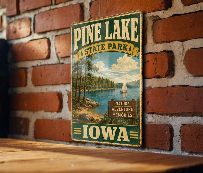 A vintage-style metal sign for Pine Lake State Park in Iowa, featuring a scenic image of a lake and a sailboat.