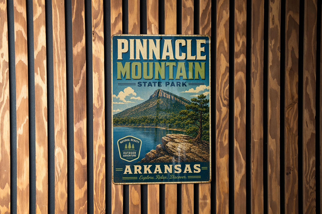 A vintage-style metal sign for Pinnacle Mountain State Park in Arkansas, featuring a scenic mountain landscape with a lake and pine trees.