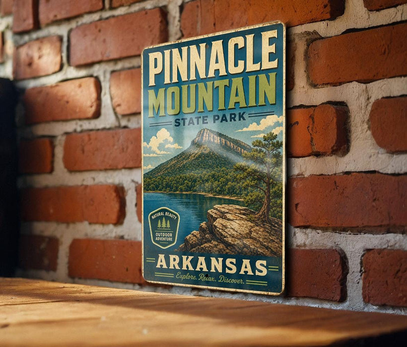 A vintage-style metal sign for Pinnacle Mountain State Park in Arkansas, featuring a scenic mountain landscape with a lake and trees.